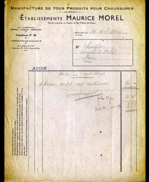 ARPAJON (91) USINE / PRODUITS pour CHAUSSURES & COLLE "Maurice MOREL" en 1944