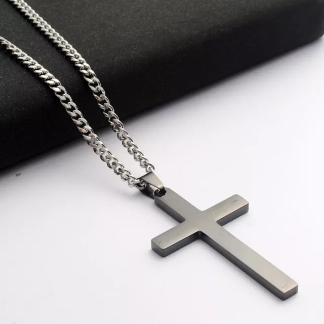 Stainless Steel Plain Silver Jesus Cross Crucifix Pendant Necklace Mens & Womens