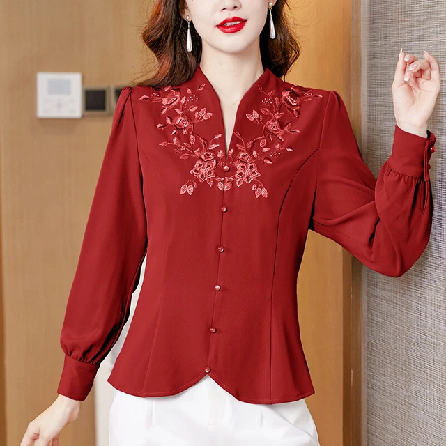 Chemisier Femme En Satin Soyeux à Motif Floral Brodé - Manches Longues Avec Nœud - Taille Régulière