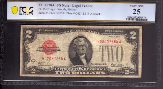 1928 A $2 Legal Tender Red Seal Note Ba Block Fr.1502 Pcgs B Very Fine Vf 25