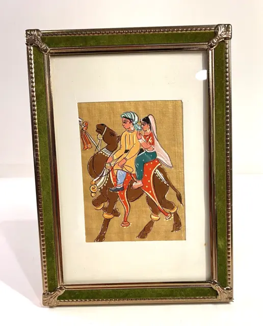 Vintage Hand Painted Egyptian Silk Framed Art 5x7 Couple on Camel