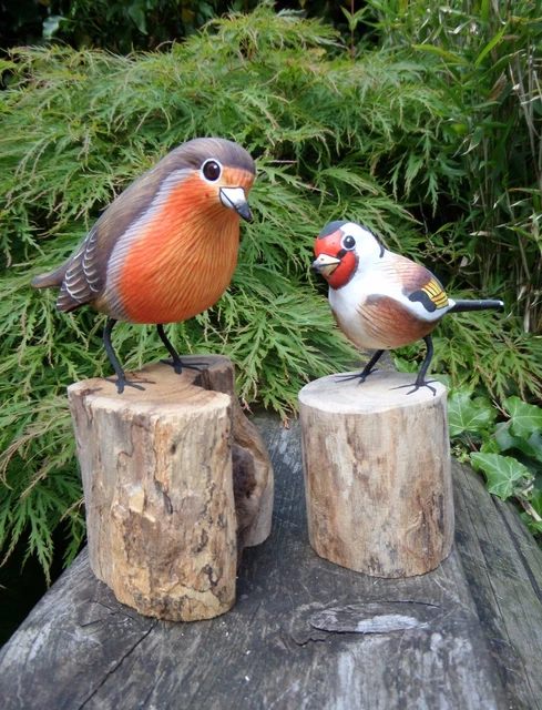 Fairtrade Hand Carved Made Wooden Robin Goldfinch Garden Bird Ornament