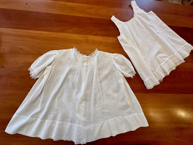 Vintage Antique Infant Christening Gown + Slip Embroidery Tatted Neckline