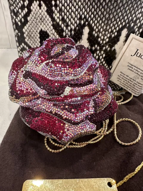 Judith Leiber Swarovski Crystal Red Pink Iridescent Rose Bag Minaudiere Clutch