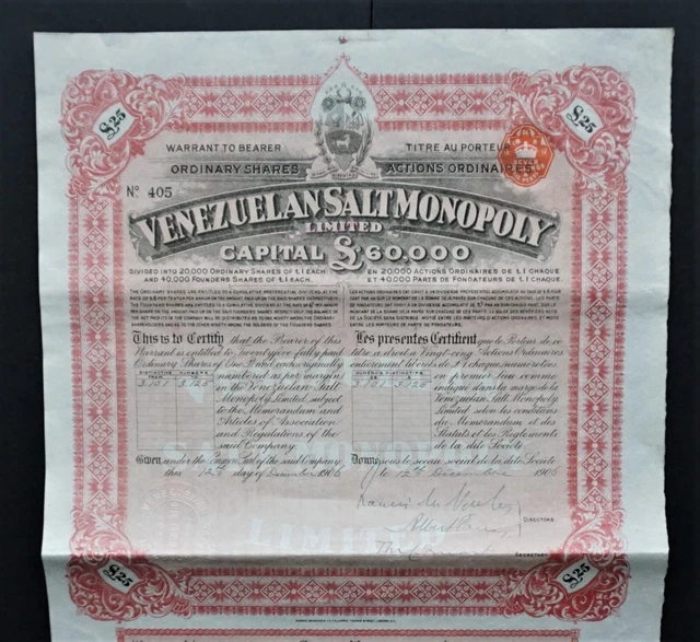Venezuela - Venezuelan Salt Monopoly - 1906 - 25 shares  -RARE-