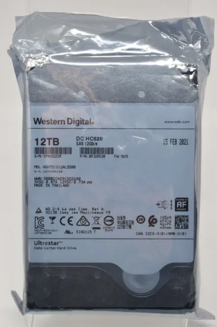 Unidad de disco duro WD Western Digital 12 TB Ultrastar HUH7212AL5200 DC HC520 0F29530 SAS 3,5