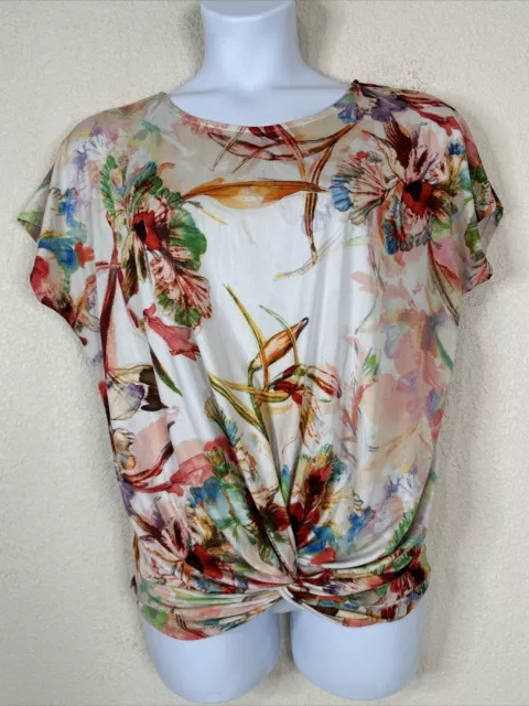 I Jeans By Buffalo Womens Size XL Colorful Floral Tie Hem Top Short Sleeve