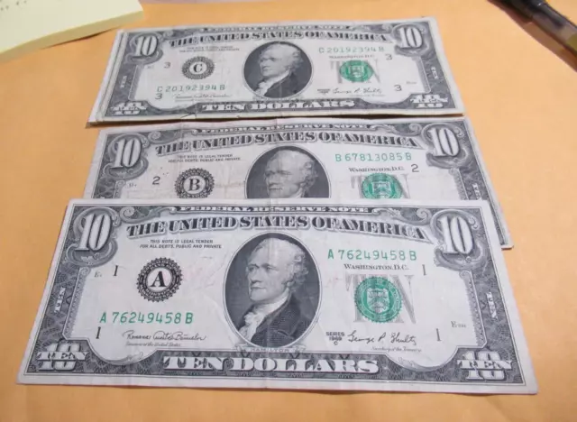 Antique 1969 Ten Dollar $10 Old US Currency Federal Reserve Note, Green Seal
