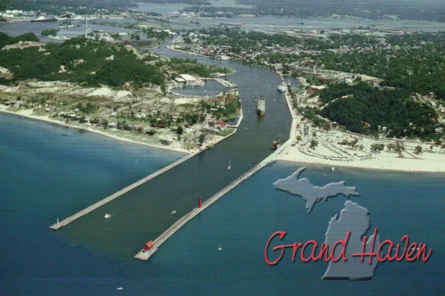 Aerial View of Grand Haven Michigan, Waterway, Ship, Lake, Beach etc -- Postcard