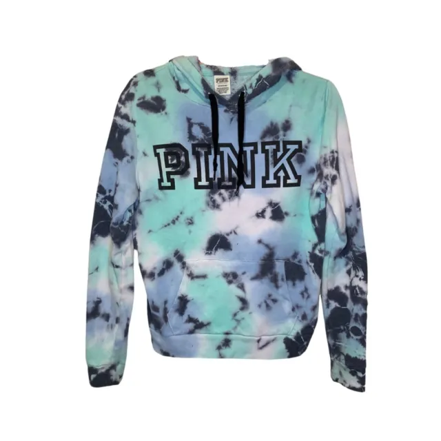 Victoria's Secret PINK Logo Hoodie Pullover Tie-Dye Blue Gray Size Small