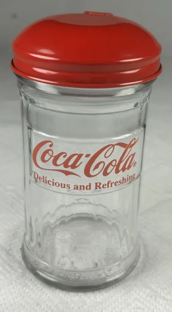 Vintage 1992 Coca-Cola Glass Sugar Shaker Jar Red Metal Lid Restaurant Style
