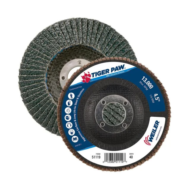 Weiler 51119 4-1/2" Tiger Paw Abrasive Flap Disc, Angled (Ty29), Phenolic Bac...