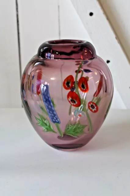 Millefiori Art Glass Vase Murano Multicolored Flowers Heavy