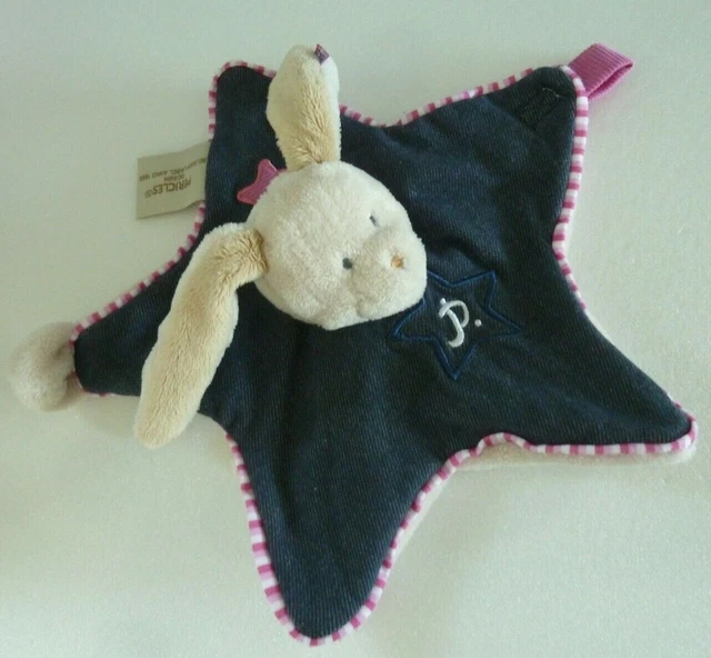 9. Doudou Plat Pericles Lapin Bleu Rose Blanc Etoile P - Etat Neuf *
