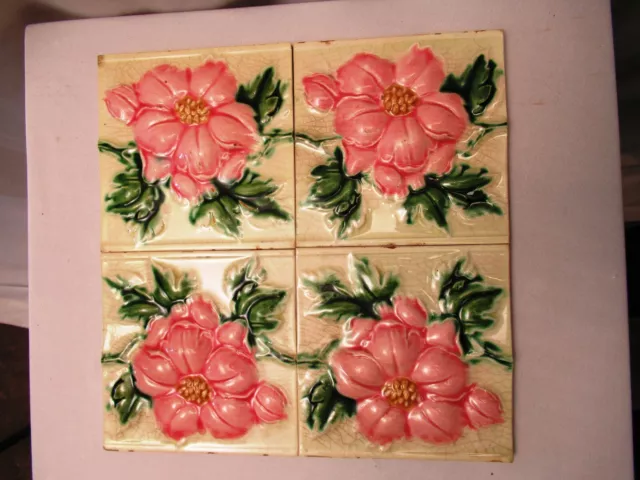 Antique Art Nouveau Majolica Tile 19Th Embossed Rose Flower Design 4 Pc Set "510