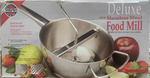 NorPro Deluxe Food Mill 595 Stainless Steel 2 interchangable Sieves - Open Box