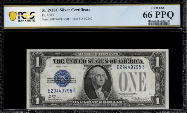 1928C $1 Silver Certificate FR-1603 B-B Block - Graded PCGS 66 PPQ - GEM Unc.