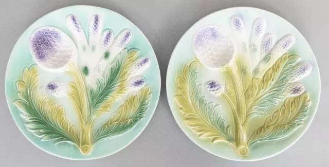 Pair of Antique French Majolica Turquoise Asparagus & Artichoke Plates