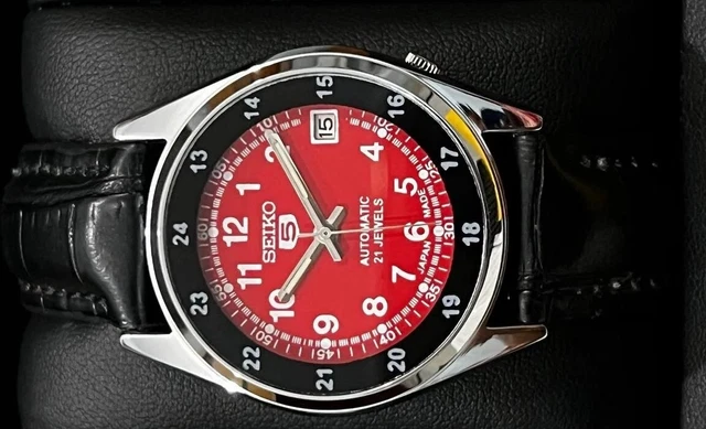 Seiko 5 Automatico Vintage da Uomo Orologio da Polso 21j Rosso Quadrante Pelle