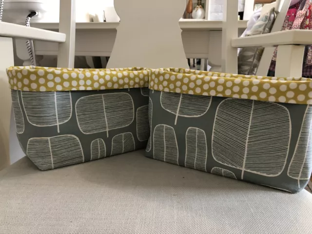 Handmade Little Trees Comet Grey Print Fabric Lined Storage Baskets Set Of 2