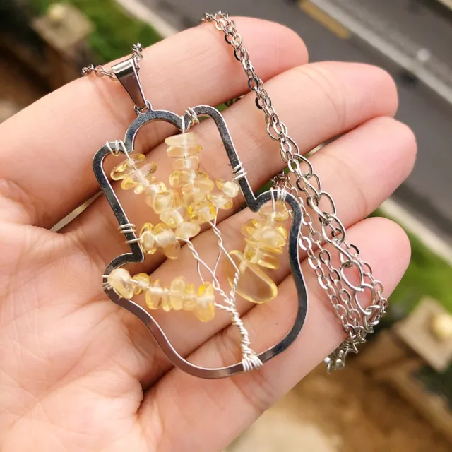 Yellow Crystal Tree Of Life Stone Palm Necklace Healing Reiki Amulet