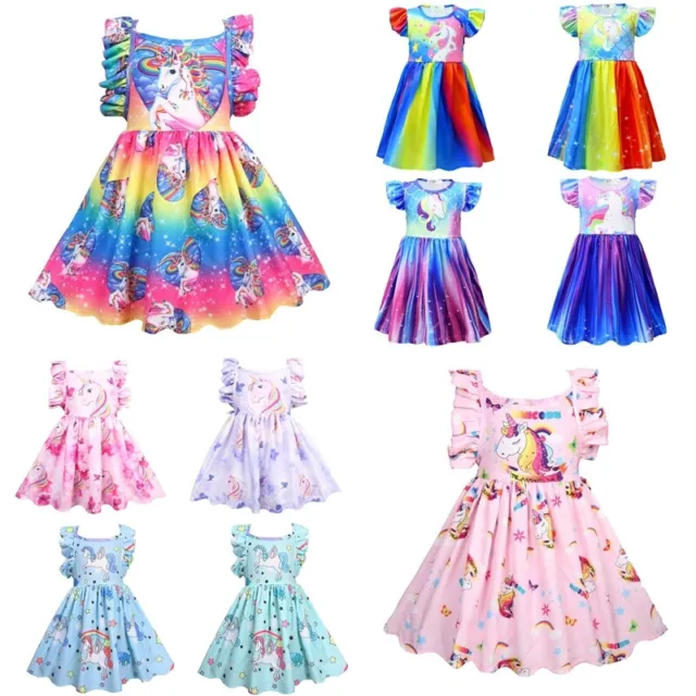 Girls Unicorn Rainbow Horse Costume Dress Pleated Skirt Princess Party Wear Gift