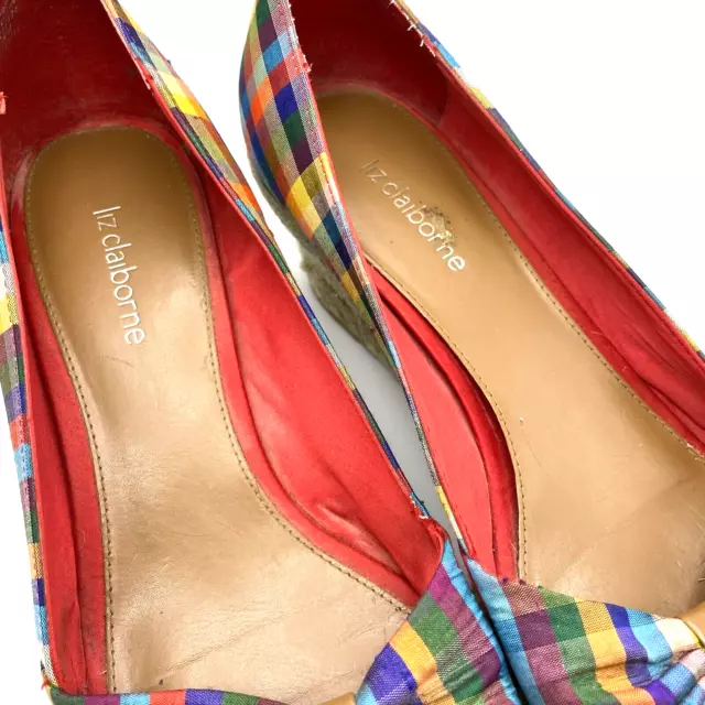 Liz Claiborne Poppy Plaid Espadrille Wedges Women’s Size 8 Purple Blue Pink Red 2