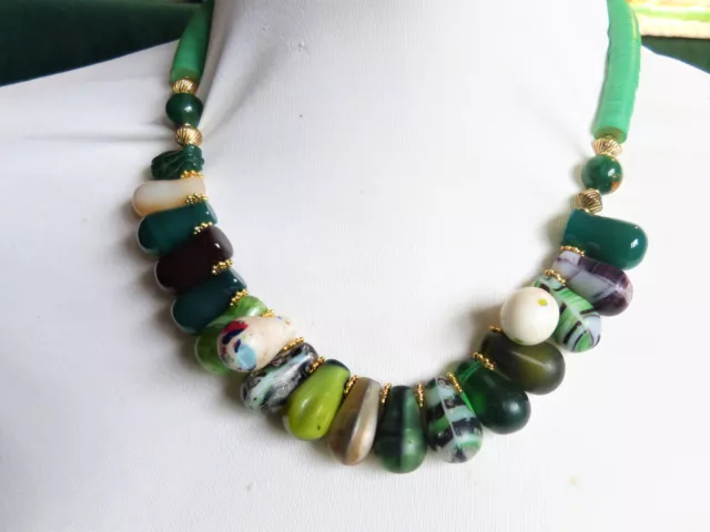Vintage Antique Mali Wedding Beads Necklace, Trade Beads, Spring Greens