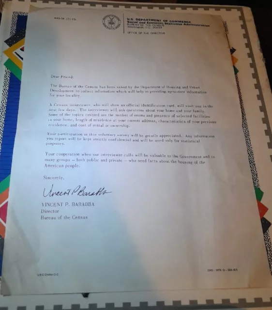 Signed U.S. Dept of Commerce Letter Dept Of Housing VINCENT P. BARABBA Director