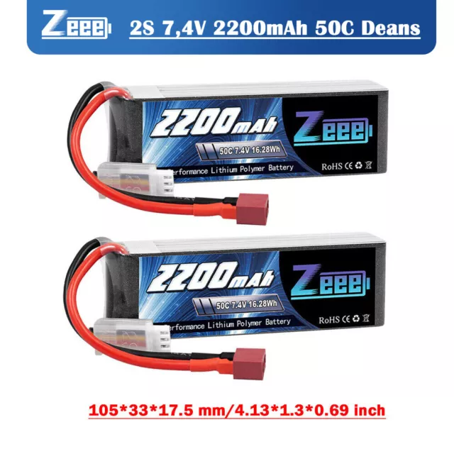 2X Zeee 2S Lipo Akku Batterie Deans Stecker 7,4V 2200mAh 50C für RC Auto FPV UAV