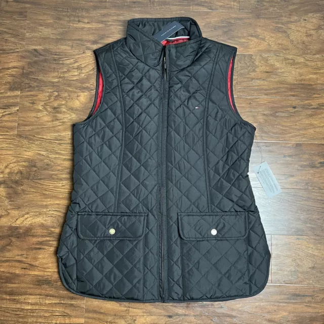 Tommy Hilfiger Puffer Vest Womens M Diamond Quilted Black Full Zip NEW