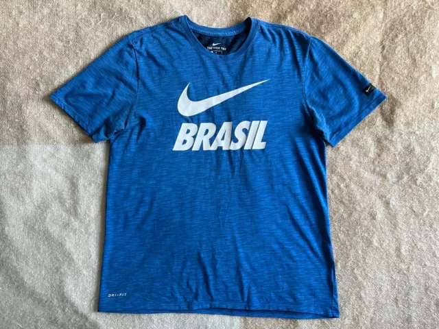 NIKE Brazil T-Shirt Large Blue Centre Swoosh Football Dri-Fit 43" Stretch