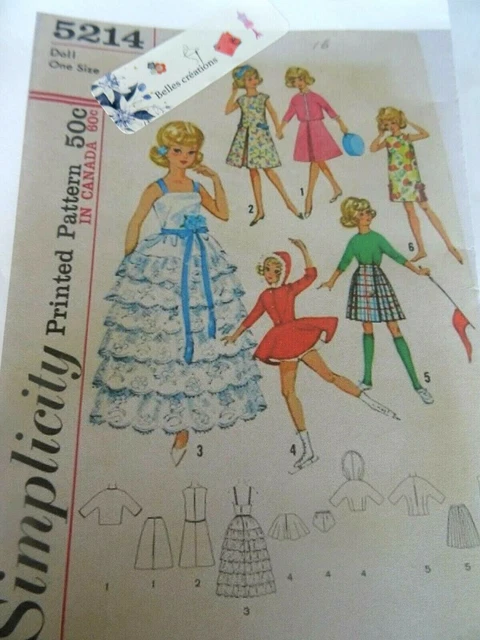 Patron De Couture Butterick 3419 - 6 Créations Rétro Années 60 Pour Poupée Barbie - Neuf