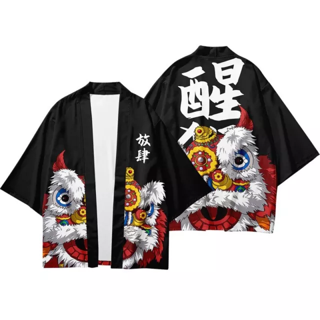 Uomo Kimono Cappotto Giacca Top Giapponese Yukata Larga Casual Leone Retrò Nero 3