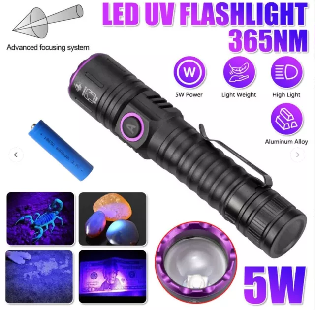 365nm USB Rechargeable UV Light LED Flashlight Blacklight Inspect Torch Zoomable