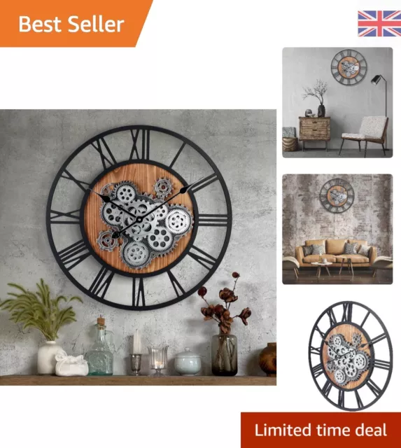 Industrial Style Oversized Wall Clock with Real Moving Gears - Black - 23 Inch