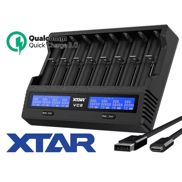 Xtar VC8 USB 8-Schacht Ladegerät Li-Ion NiMH NiCD Akkus Quick Charge 3.0 USB C