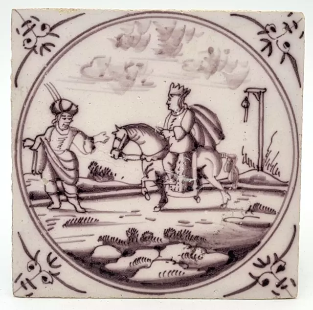 Antique 18th Century Dutch Delft Manganese Tile Biblical Scene AE13