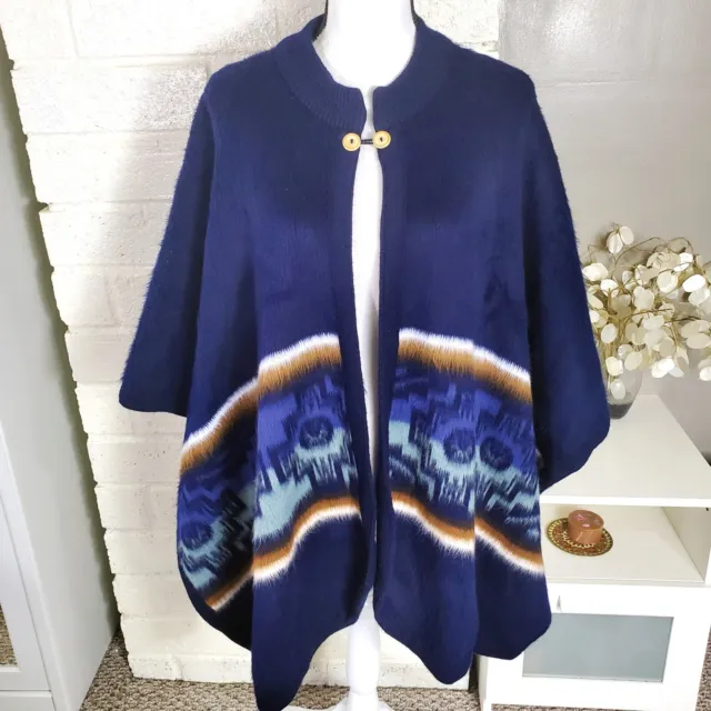 Poncho Cape Wool Cotton Blue Inca Chakana Two Button Runa Marka Women's Large