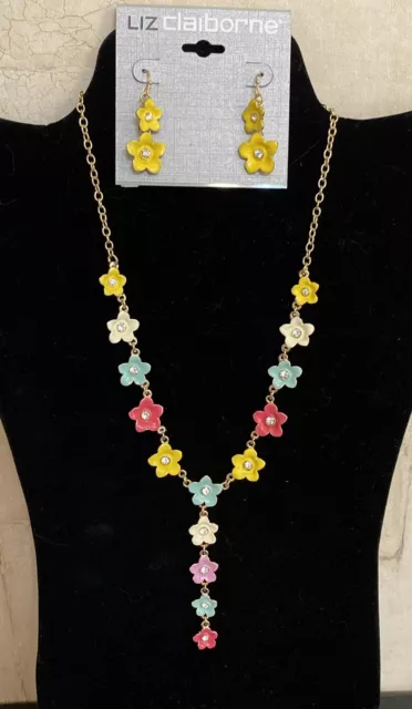 Liz Claiborne Necklace Earrings Set LC Flower Gold Tone Yellow Pastel New