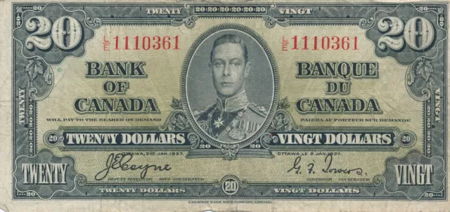 1937 Canada Banknote Coyne Towers $20 Dollars Banknote F/VF