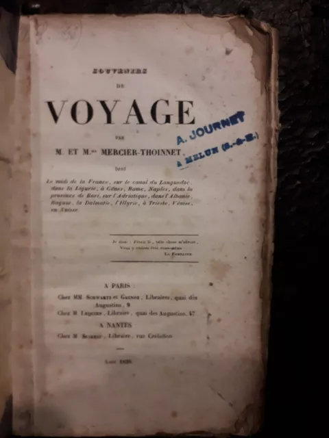 Souvenirs De Voyage Par Mercier-Thoinnet 1838 Rarissime Eo Le Grand Tour
