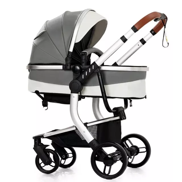 Baby stroller 3 in 1 Pu leather Baby carrier lightweight Pram stroller grey