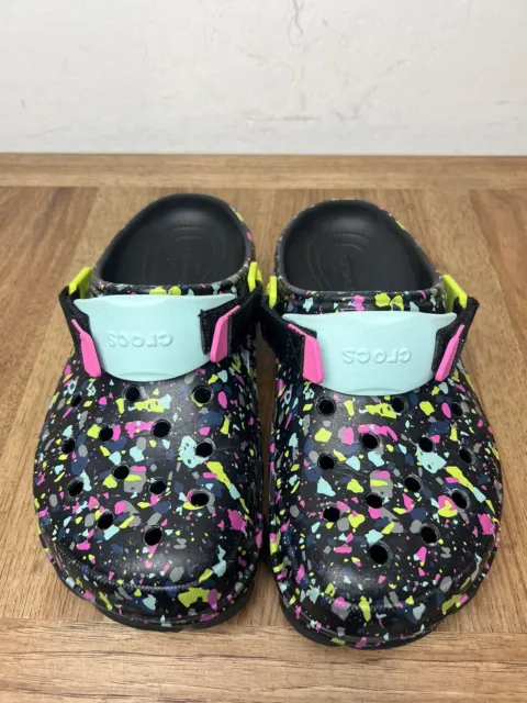 Crocs Classic All Terrain Mens size 8 Black Paint Splatter Neon Clogs Sandals