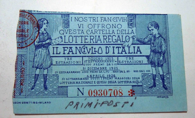 Lotteria Nazionale Il Fanciullo D'italia Colore Blu  - Milano -  1925