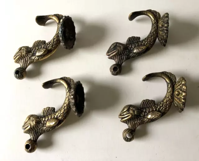 Lot of 4 Vintage Antique Solid Brass Koi Fish Key Cloth Wall Mounted Hooks 4.5"L