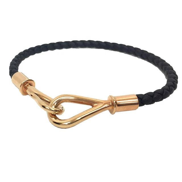 HERMES Jumbo Bracelet braided leather Intrechert black rose gold