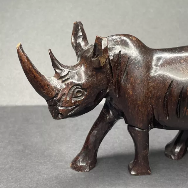 Vintage 1980s Baby White Rhino Rhinoceros Dark Solid Wood Carving Hand Carved