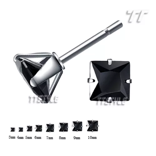 TTStyle Stainless Steel Black CZ Square Stud Earrings 3mm-10mm Single/a Pair NEW