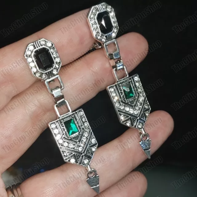 CLIP ON vintage silver BIG RETRO EARRINGS green rhinestone&crystal EGYPT REVIVAL